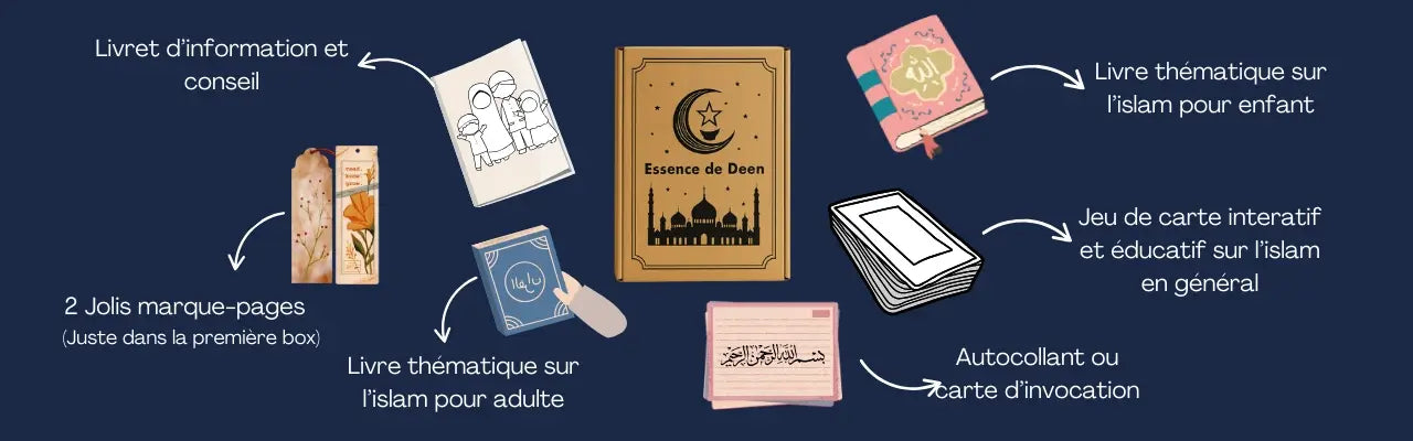 Découvrez le contenu de la box Essence de Deen : une sélection unique de livres islamiques, jeux éducatifs, carnets et senteurs pour éveiller la spiritualité des familles musulmanes. Une box ludique et enrichissante pour apprendre l’Islam tout en s’amusant